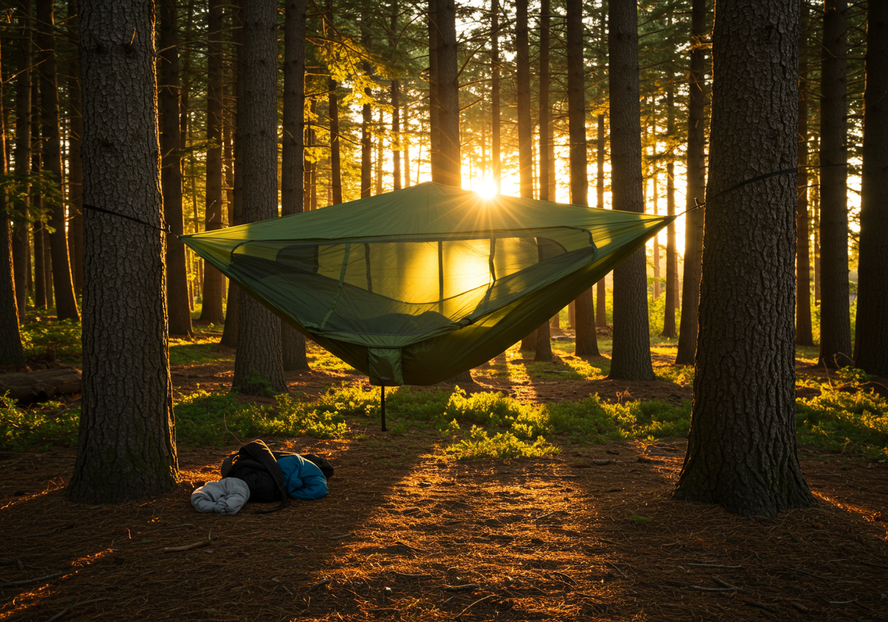 Nubé hammock shelter at golden hour sunset in forest