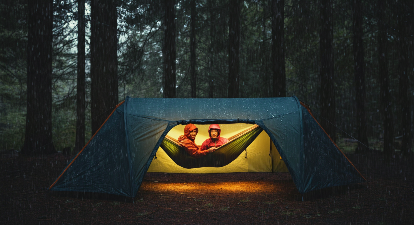 Couple relaxing in Nubé aerial mode during light rain