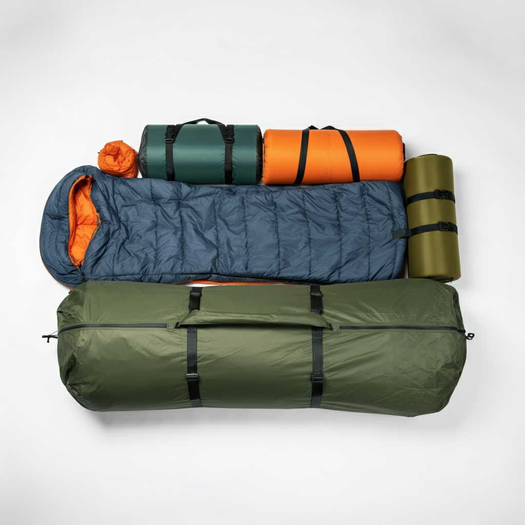 Bulky traditional camping equipment pile