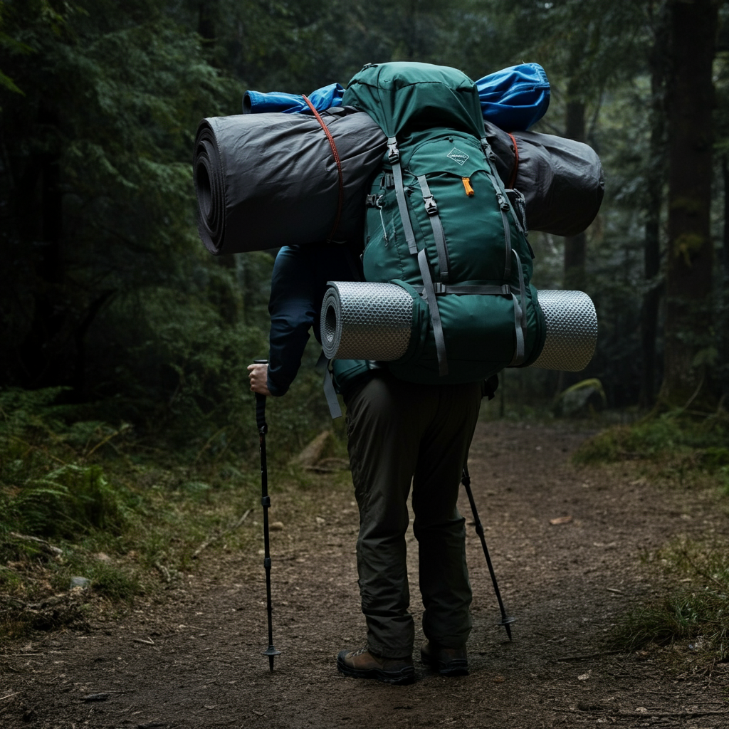 Hiker struggling with heavy camping pack
